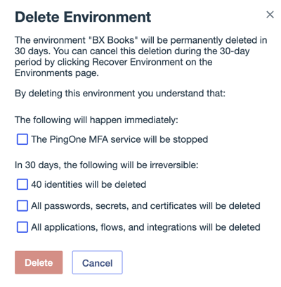 A screenshot of the Delete Environment modal for a Production environment.