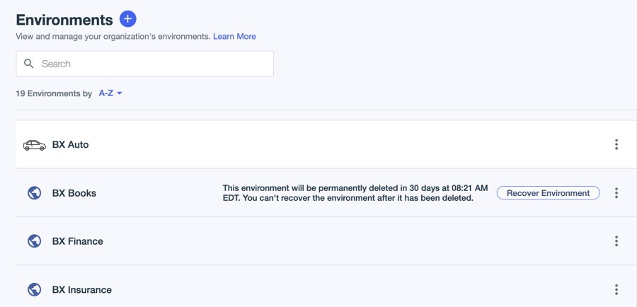 A screenshot of the Environments page showing the Recover Environment information on the BX Books environment.