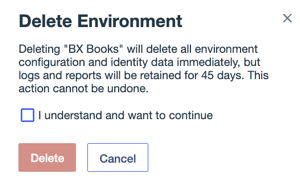 A screenshot of the Delete Environment modal for a Sandbox environment.